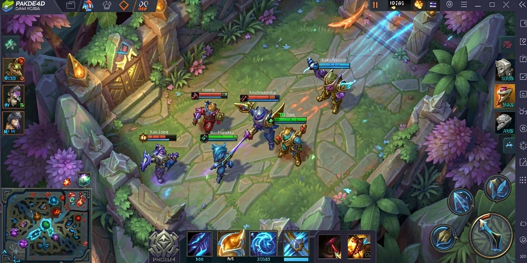 Tangkapan layar utama PAKDE4D menampilkan aksi pertarungan MOBA yang intens.